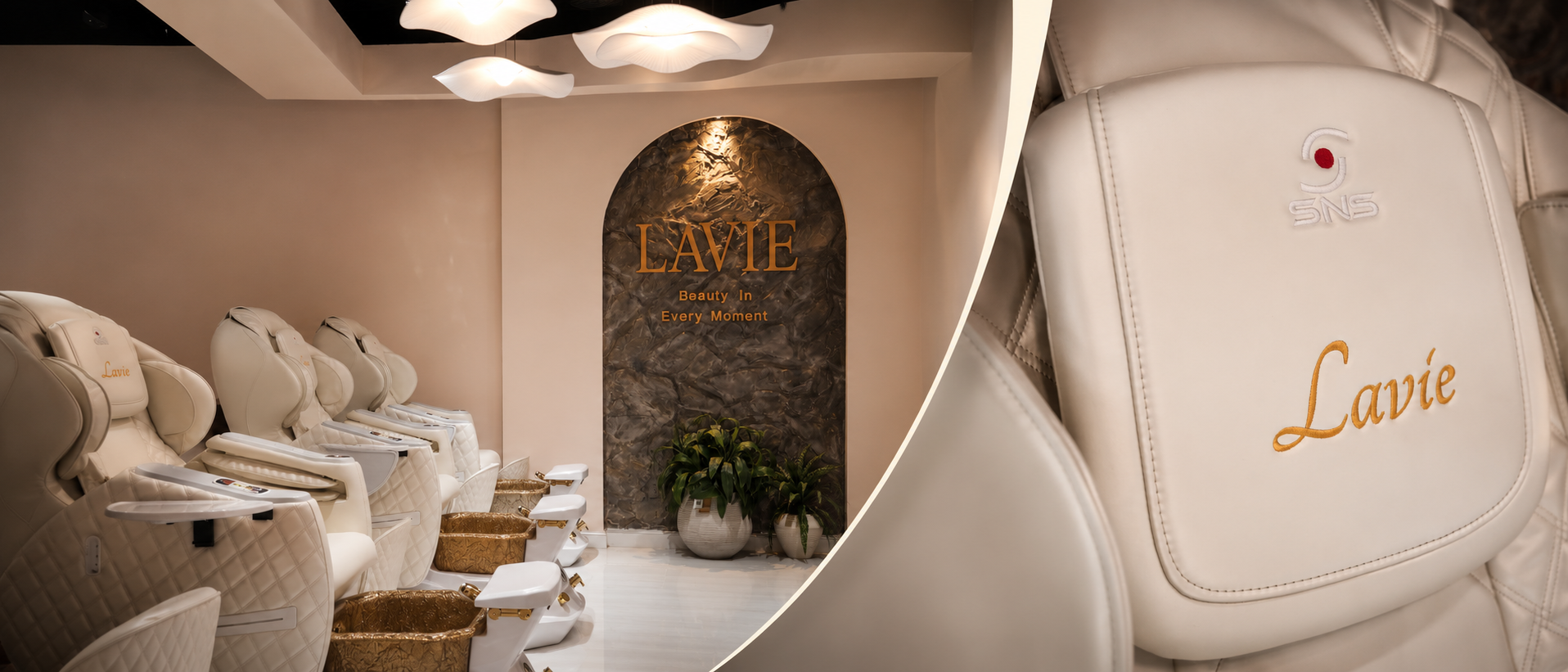 Lavie Nail Bar interior — cream pedicure chairs with 'Lavie' embroidery, arched feature wall with gold LAVIE signage and 'Beauty In Every Moment' tagline, soft lighting and greenery