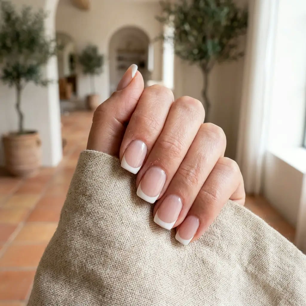 Close-up of a hand with clean, classic white French tip manicure resting on soft linen, warm terracotta-tiled Mediterranean hallway with olive trees in the background
